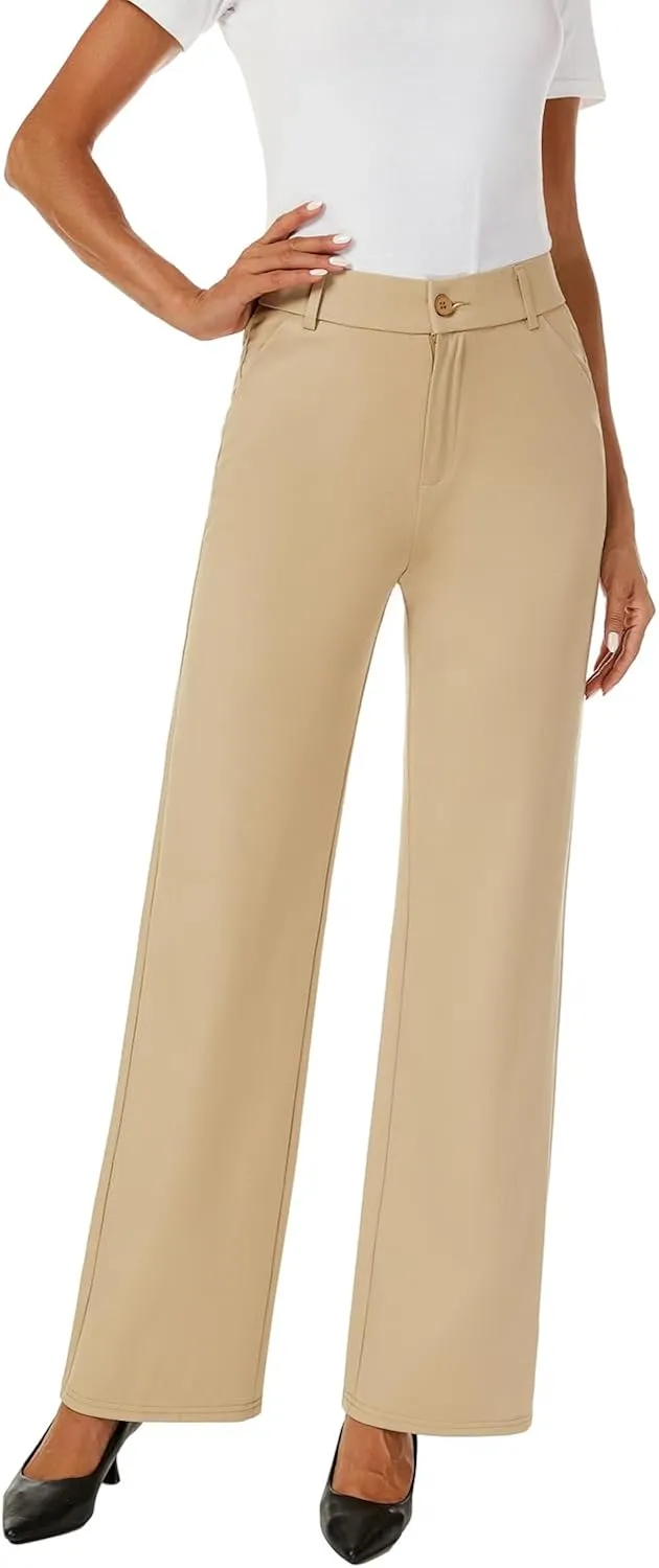 Womens High Waist Wide Straight Leg Trousers Casual Slacks Dress Pants with Pockets