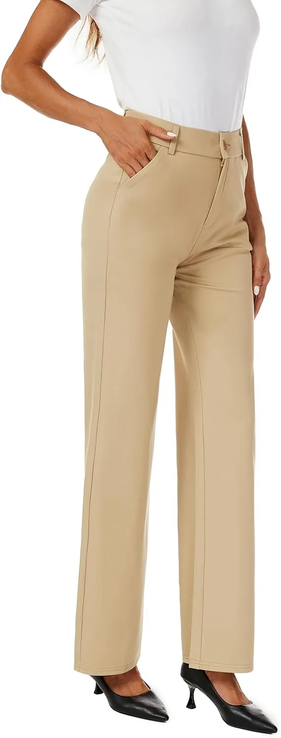 Womens High Waist Wide Straight Leg Trousers Casual Slacks Dress Pants with Pockets