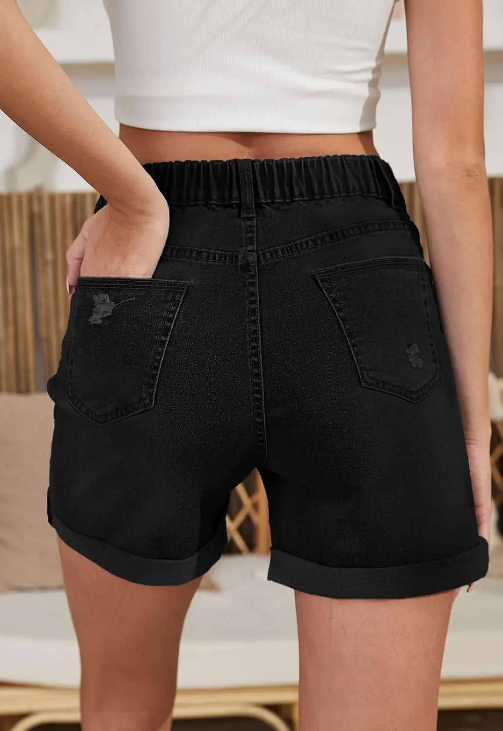 Women's Jean Shorts High Waisted Folded Hem Stretchy Denim Shorts Casual Summer Elastic Waist Shorts