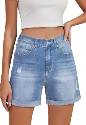 Women's Jean Shorts High Waisted Folded Hem Stretchy Denim Shorts Casual Summer Elastic Waist Shorts