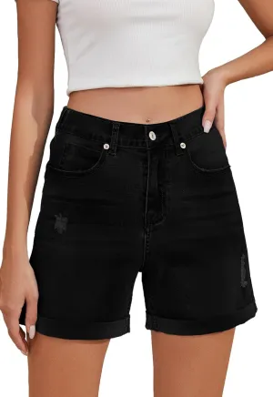 Women's Jean Shorts High Waisted Folded Hem Stretchy Denim Shorts Casual Summer Elastic Waist Shorts