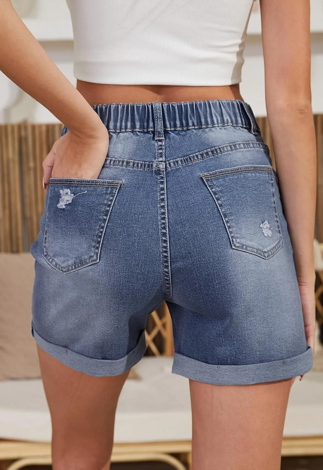 Women's Jean Shorts High Waisted Folded Hem Stretchy Denim Shorts Casual Summer Elastic Waist Shorts
