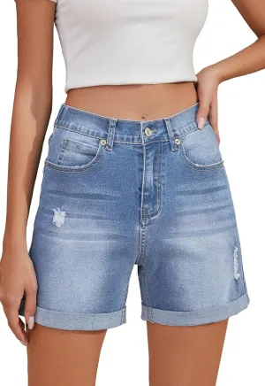 Women's Jean Shorts High Waisted Folded Hem Stretchy Denim Shorts Casual Summer Elastic Waist Shorts