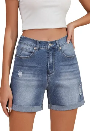 Women's Jean Shorts High Waisted Folded Hem Stretchy Denim Shorts Casual Summer Elastic Waist Shorts