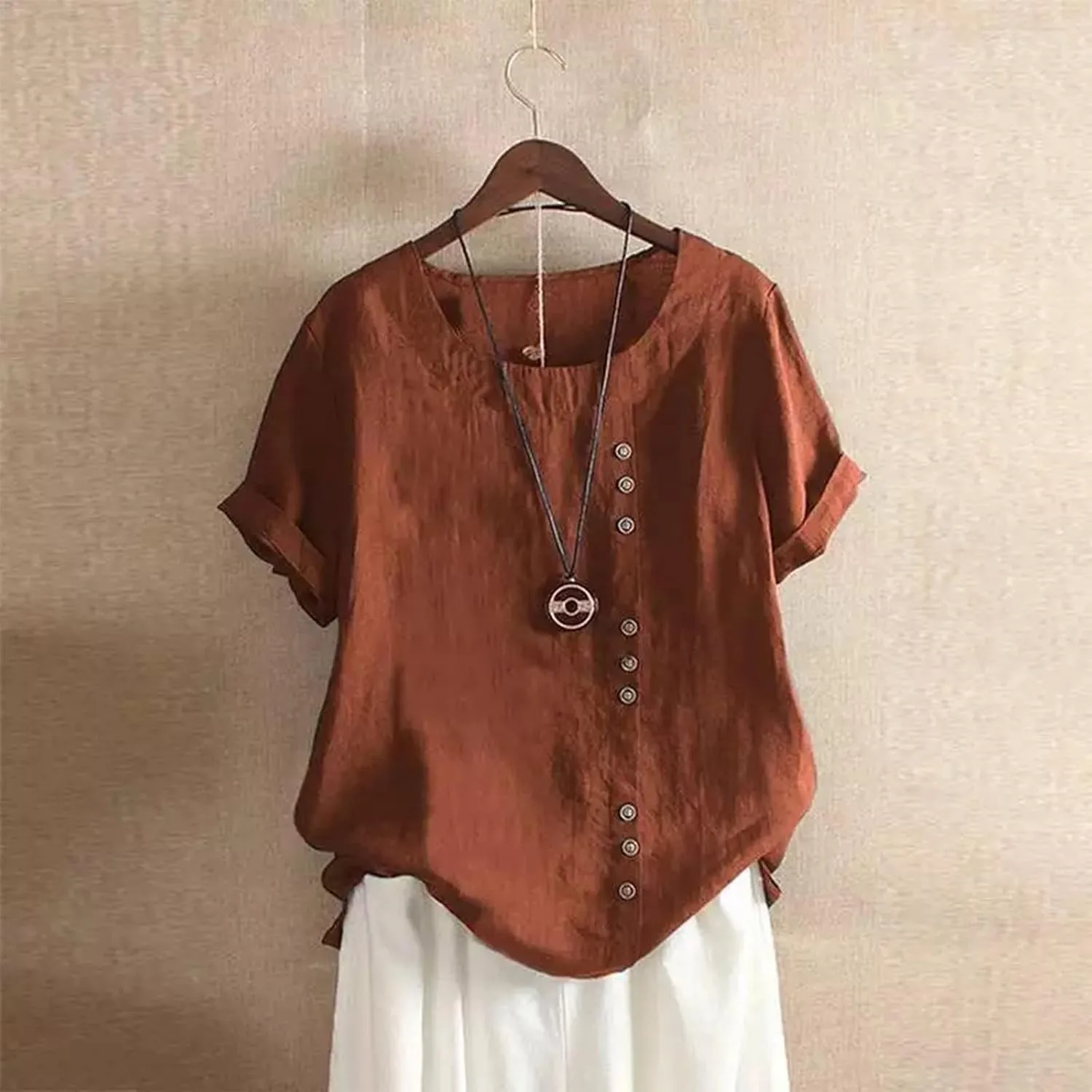 Womens Lined Tops Going Out Casual Short Sleeve Summer Tee Shirts Button Down Crewneck Solid Dressy Blouses