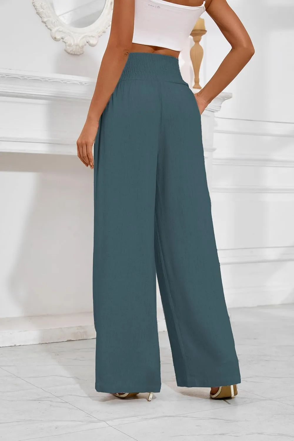 Women's Linen Summer Palazzo Pants Flowy Wide Leg Beach Trousers with Pockets