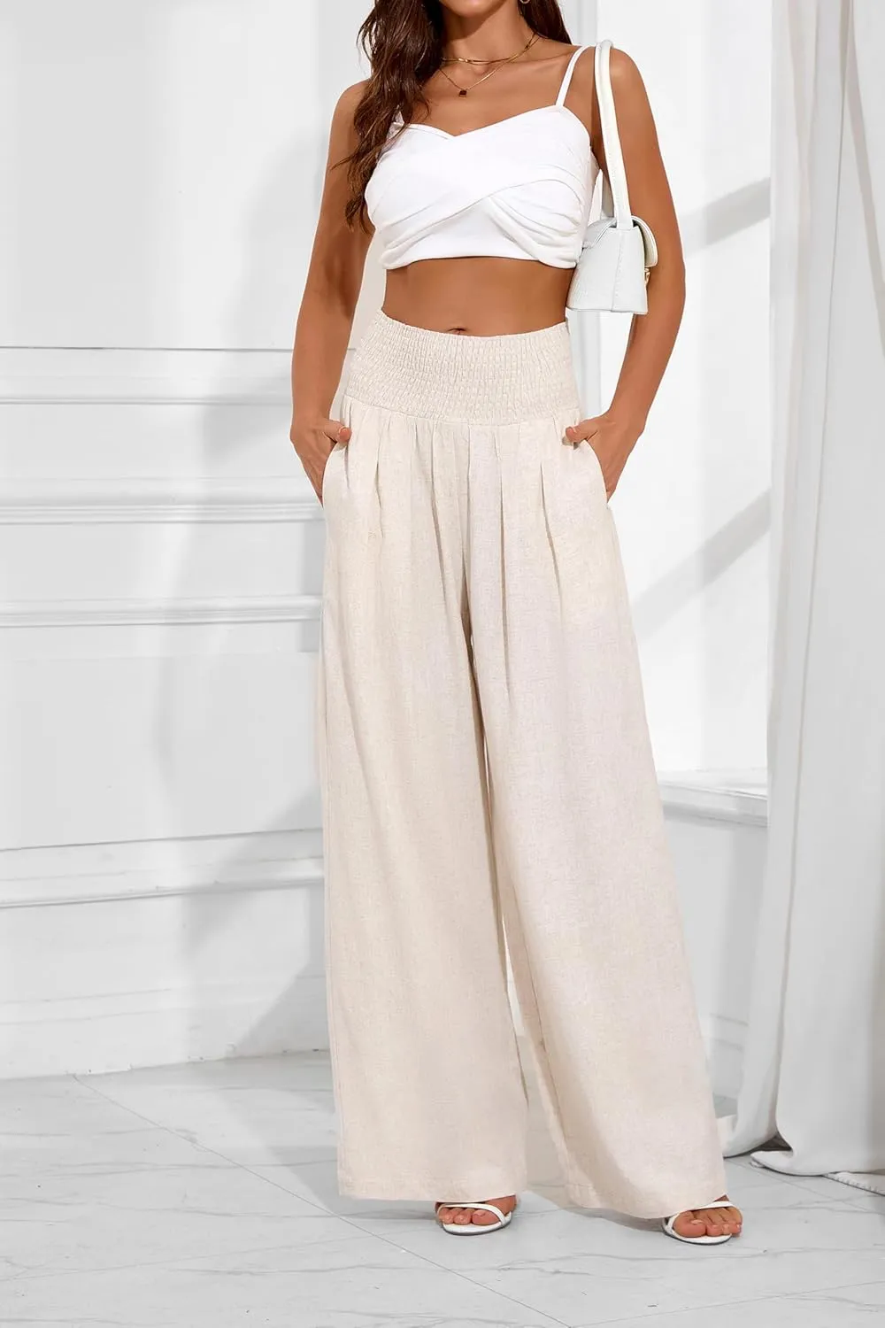 Women's Linen Summer Palazzo Pants Flowy Wide Leg Beach Trousers with Pockets