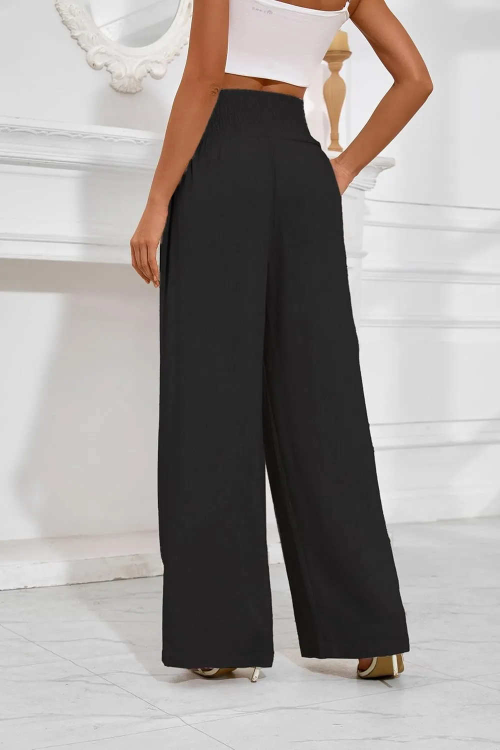 Women's Linen Summer Palazzo Pants Flowy Wide Leg Beach Trousers with Pockets