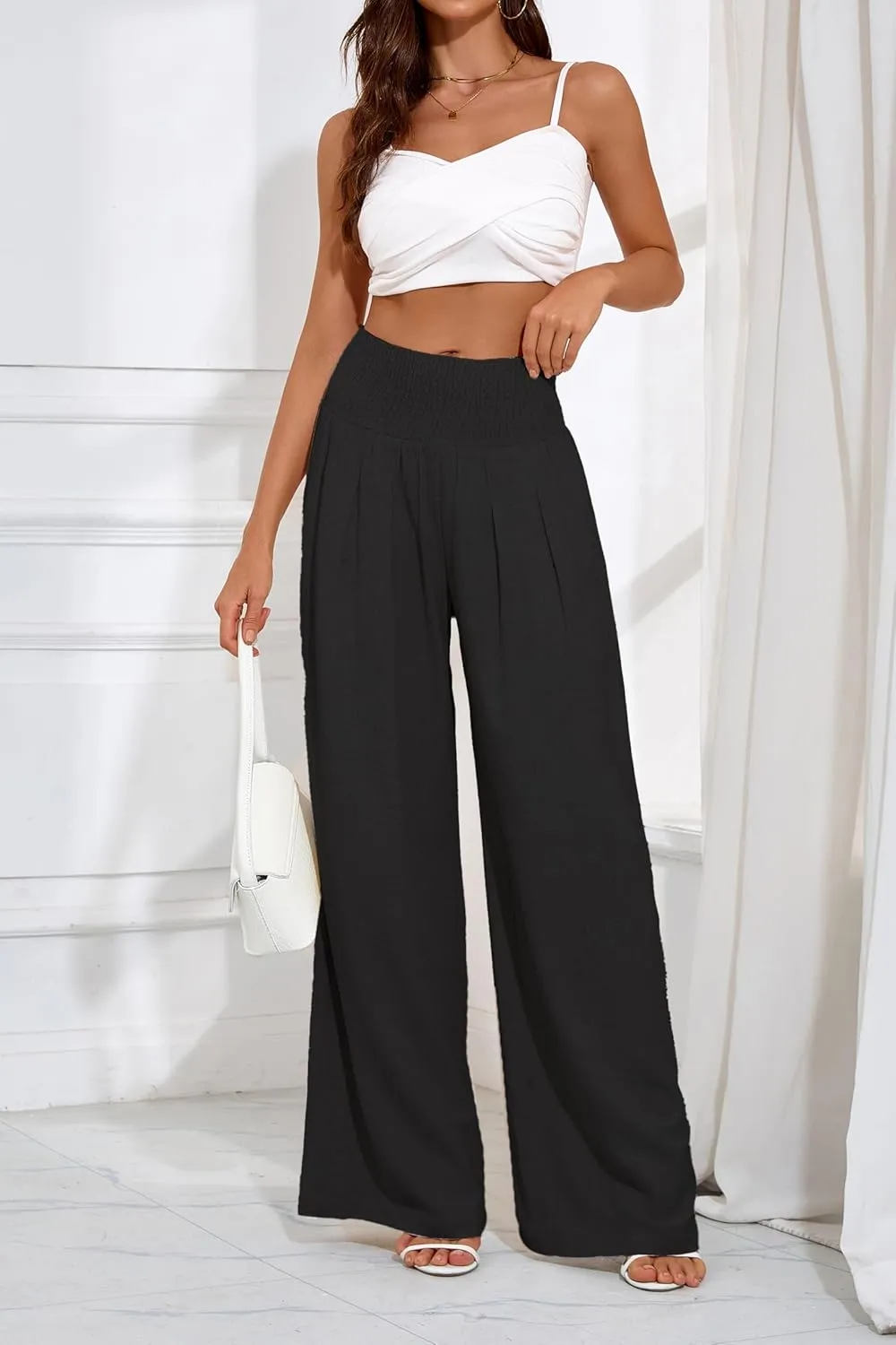 Women's Linen Summer Palazzo Pants Flowy Wide Leg Beach Trousers with Pockets