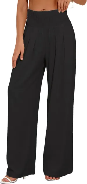 Women's Linen Summer Palazzo Pants Flowy Wide Leg Beach Trousers with Pockets