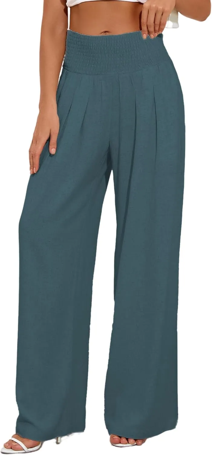 Women's Linen Summer Palazzo Pants Flowy Wide Leg Beach Trousers with Pockets