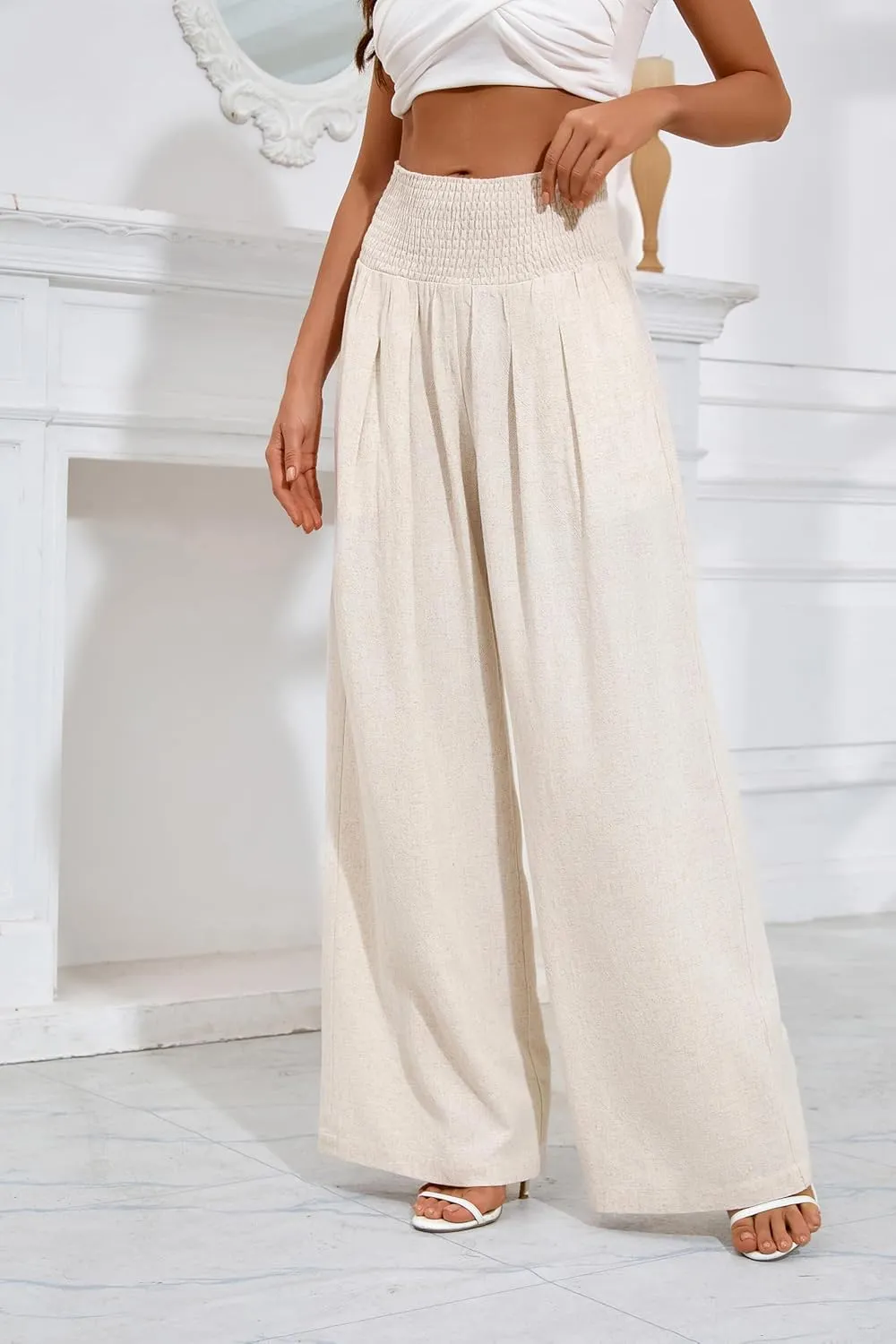 Women's Linen Summer Palazzo Pants Flowy Wide Leg Beach Trousers with Pockets