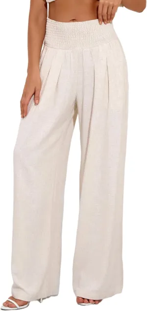 Women's Linen Summer Palazzo Pants Flowy Wide Leg Beach Trousers with Pockets