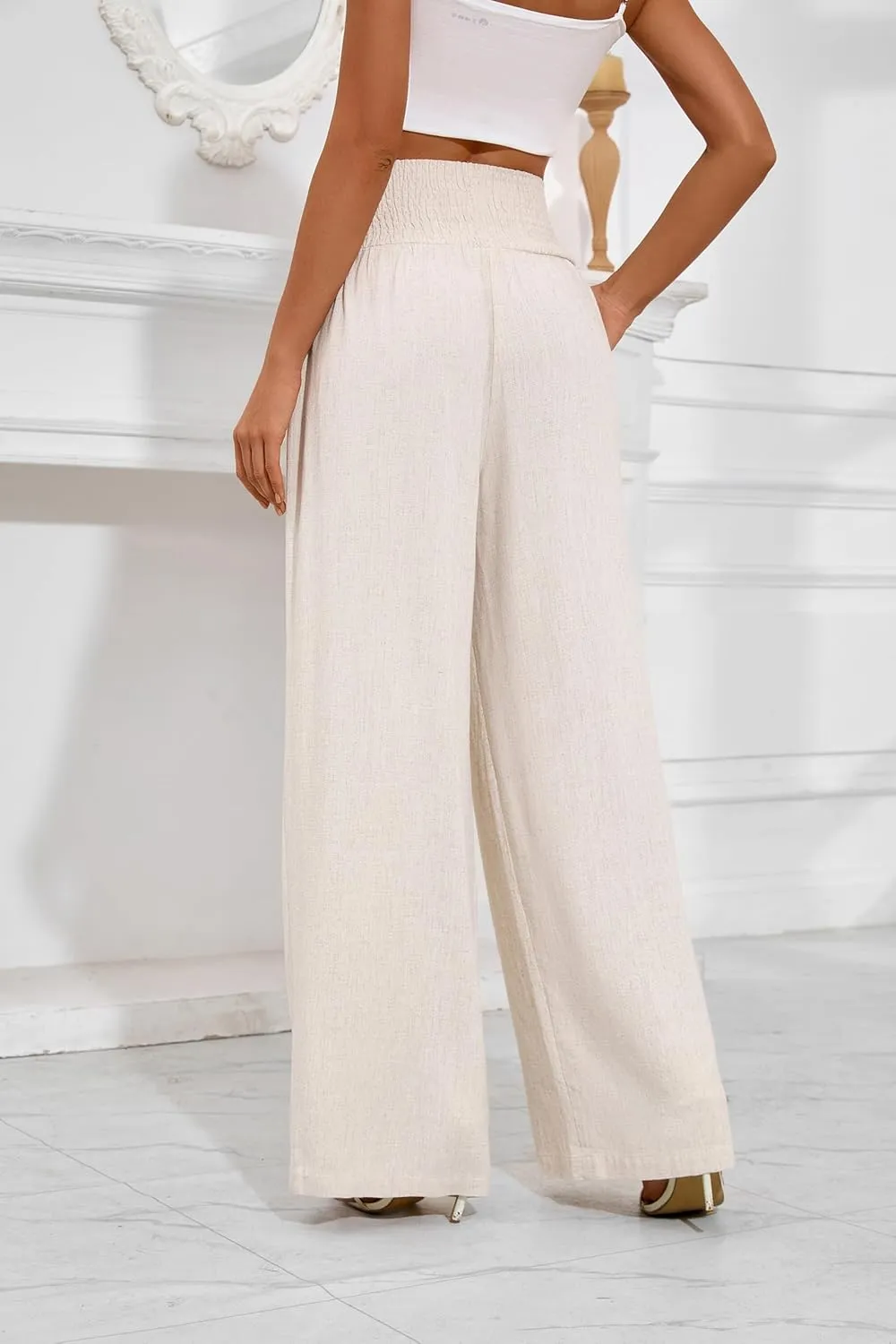 Women's Linen Summer Palazzo Pants Flowy Wide Leg Beach Trousers with Pockets