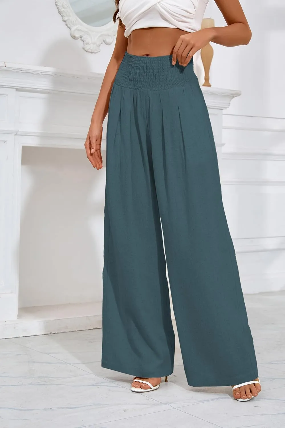 Women's Linen Summer Palazzo Pants Flowy Wide Leg Beach Trousers with Pockets