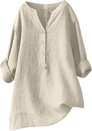 Womens Long Sleeve Linen Tops Button Down V Neck Blouse Casual Comfy Tops Solid Color Lightweight Tops Loose Fit Tops