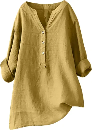 Womens Long Sleeve Linen Tops Button Down V Neck Blouse Casual Comfy Tops Solid Color Lightweight Tops Loose Fit Tops