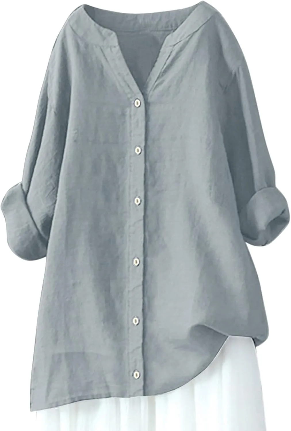 Womens Long Sleeve Linen Tops Button Down V Neck Blouse Casual Comfy Tops Solid Color Lightweight Tops Loose Fit Tops