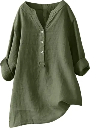 Womens Long Sleeve Linen Tops Button Down V Neck Blouse Casual Comfy Tops Solid Color Lightweight Tops Loose Fit Tops