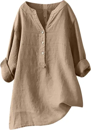 Womens Long Sleeve Linen Tops Button Down V Neck Blouse Casual Comfy Tops Solid Color Lightweight Tops Loose Fit Tops