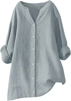 Womens Long Sleeve Linen Tops Button Down V Neck Blouse Casual Comfy Tops Solid Color Lightweight Tops Loose Fit Tops