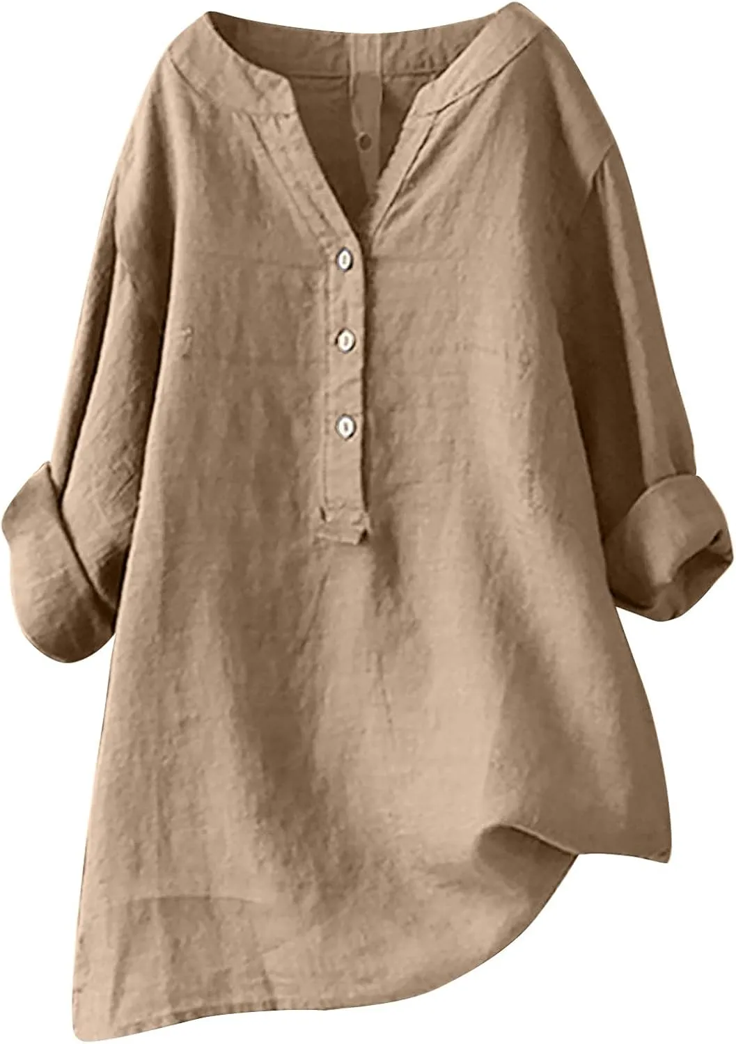 Womens Long Sleeve Linen Tops Button Down V Neck Blouse Casual Comfy Tops Solid Color Lightweight Tops Loose Fit Tops