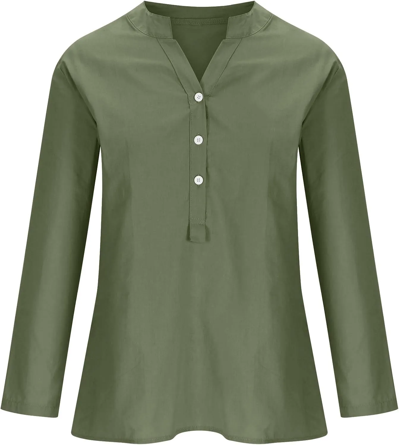 Womens Long Sleeve Linen Tops Button Down V Neck Blouse Casual Comfy Tops Solid Color Lightweight Tops Loose Fit Tops