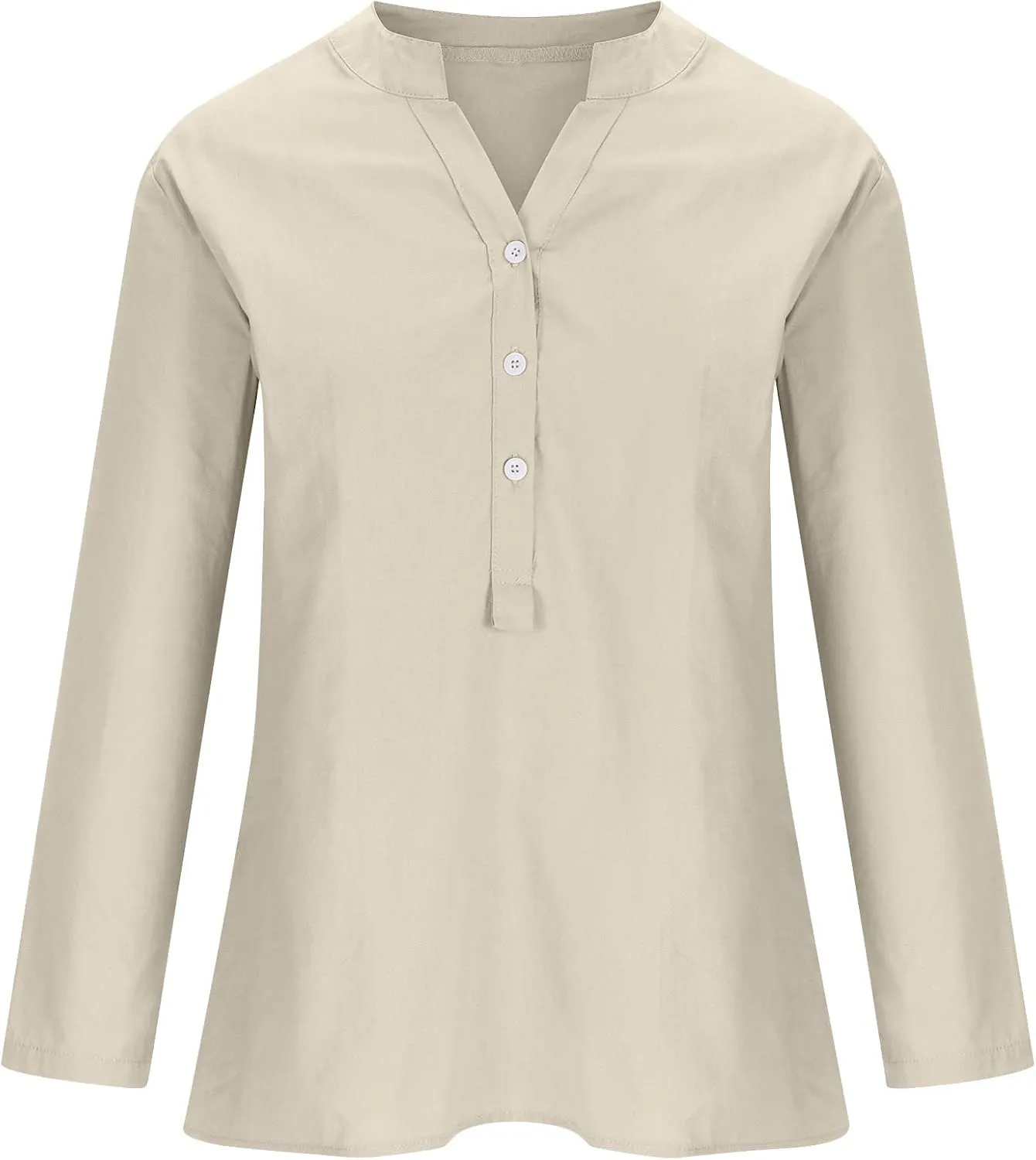 Womens Long Sleeve Linen Tops Button Down V Neck Blouse Casual Comfy Tops Solid Color Lightweight Tops Loose Fit Tops