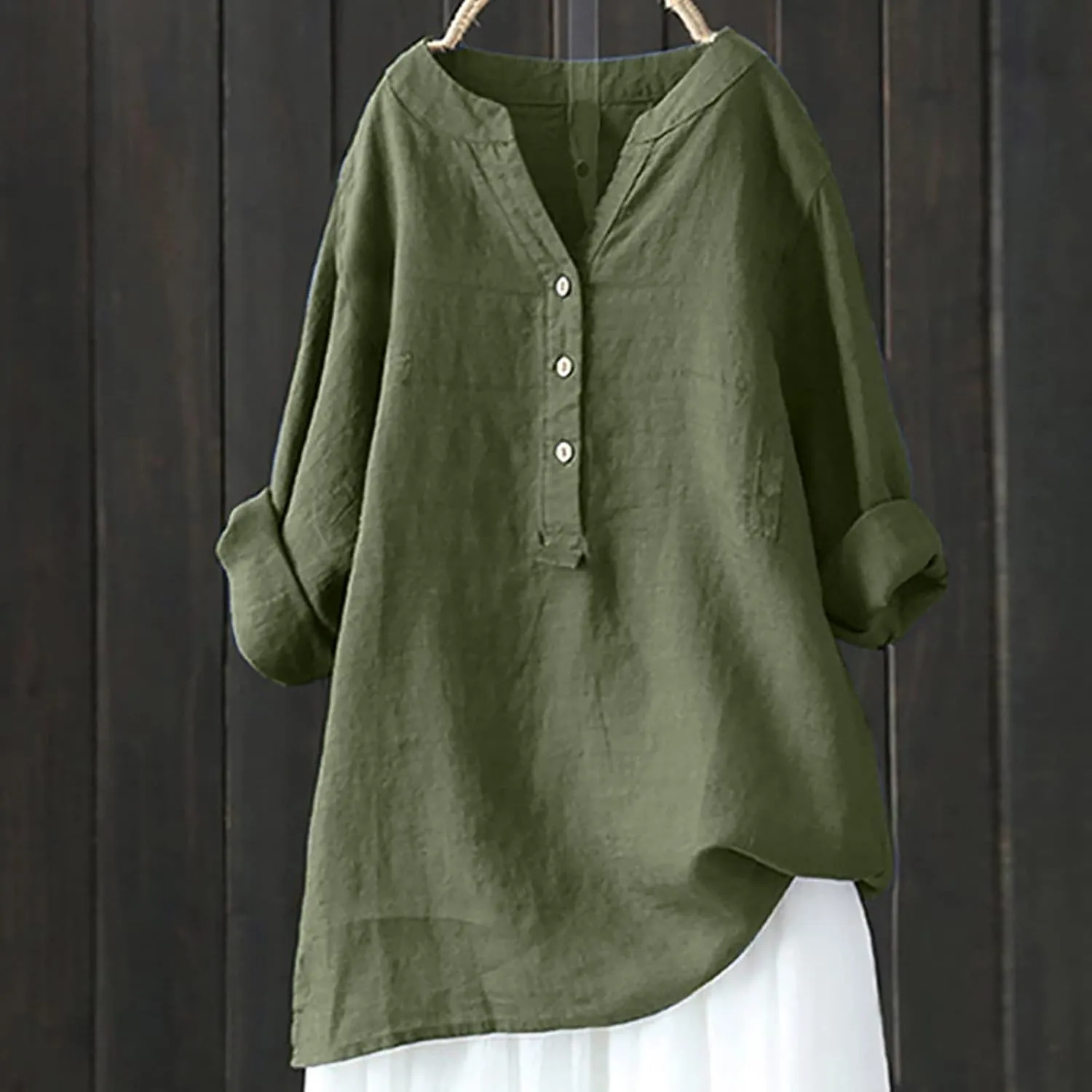 Womens Long Sleeve Linen Tops Button Down V Neck Blouse Casual Comfy Tops Solid Color Lightweight Tops Loose Fit Tops