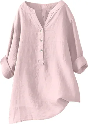 Womens Long Sleeve Linen Tops Button Down V Neck Blouse Casual Comfy Tops Solid Color Lightweight Tops Loose Fit Tops