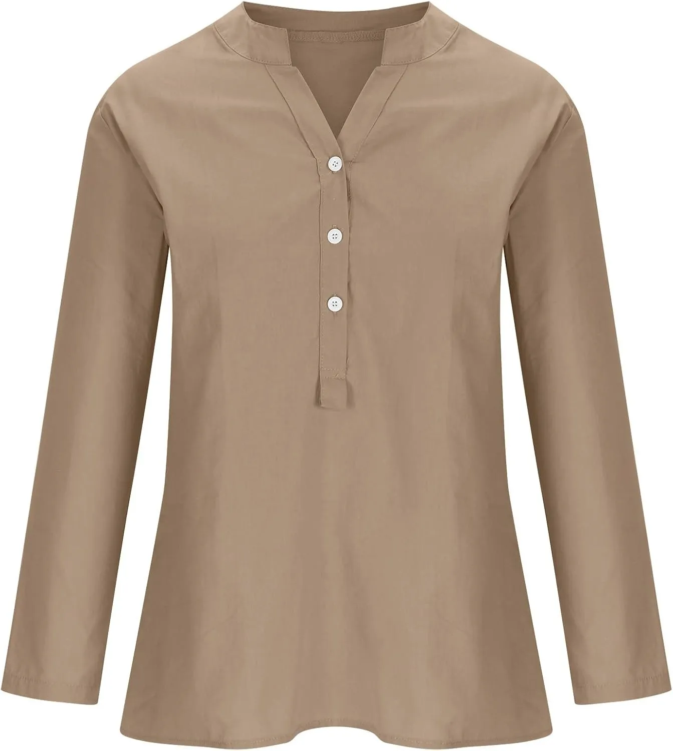 Womens Long Sleeve Linen Tops Button Down V Neck Blouse Casual Comfy Tops Solid Color Lightweight Tops Loose Fit Tops
