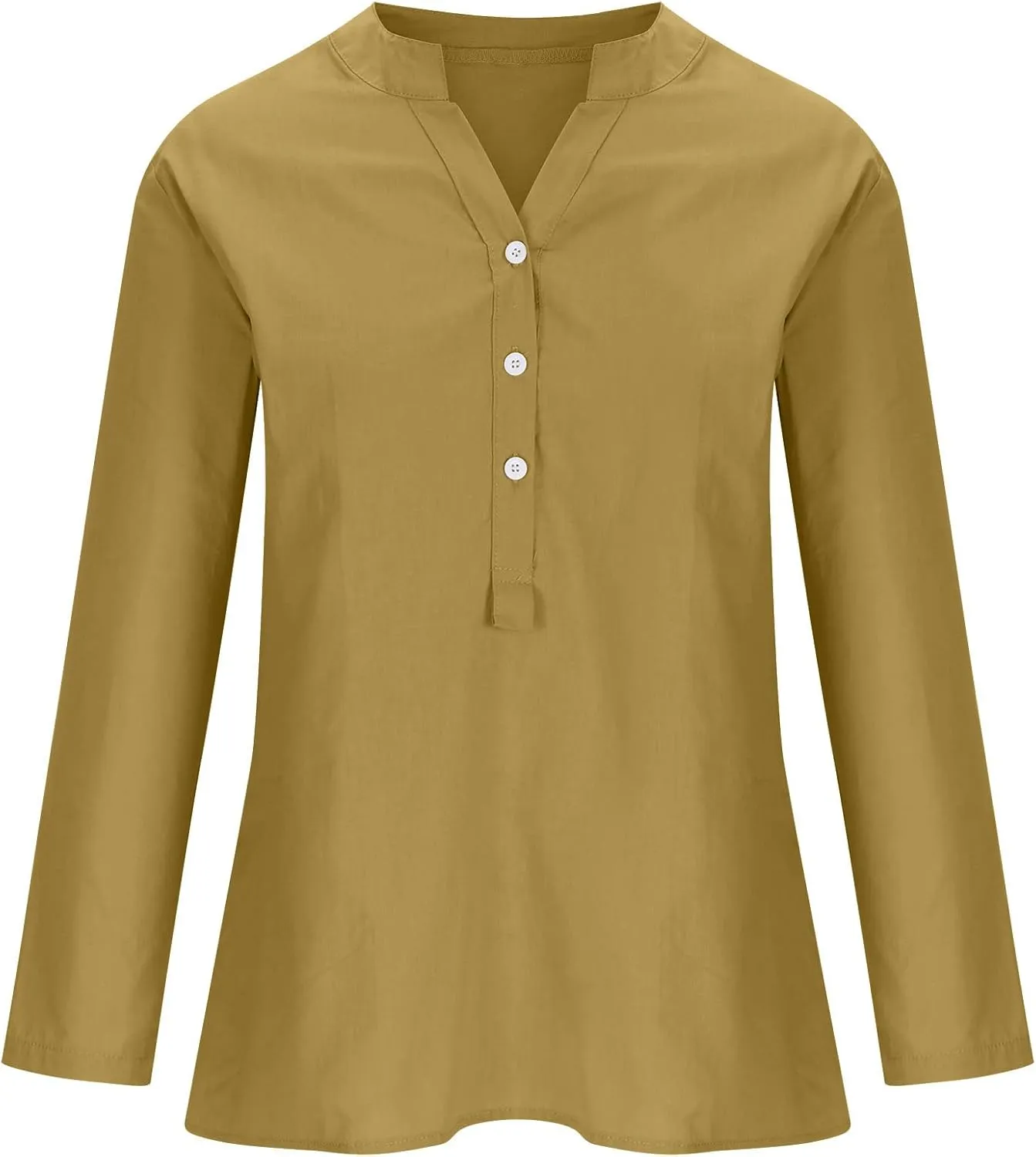 Womens Long Sleeve Linen Tops Button Down V Neck Blouse Casual Comfy Tops Solid Color Lightweight Tops Loose Fit Tops