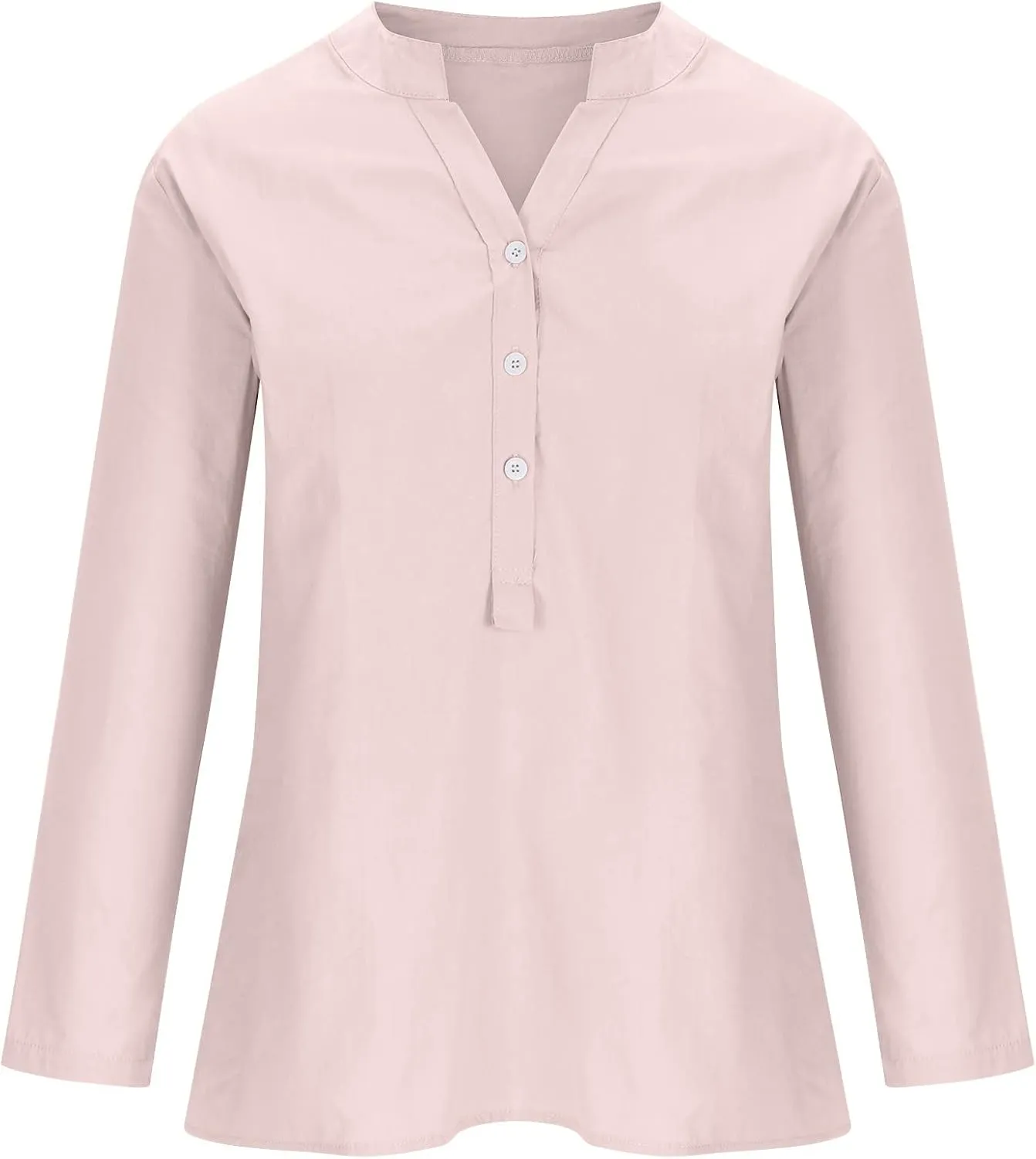 Womens Long Sleeve Linen Tops Button Down V Neck Blouse Casual Comfy Tops Solid Color Lightweight Tops Loose Fit Tops