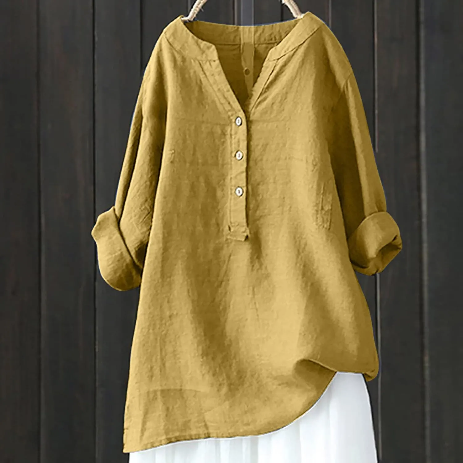 Womens Long Sleeve Linen Tops Button Down V Neck Blouse Casual Comfy Tops Solid Color Lightweight Tops Loose Fit Tops