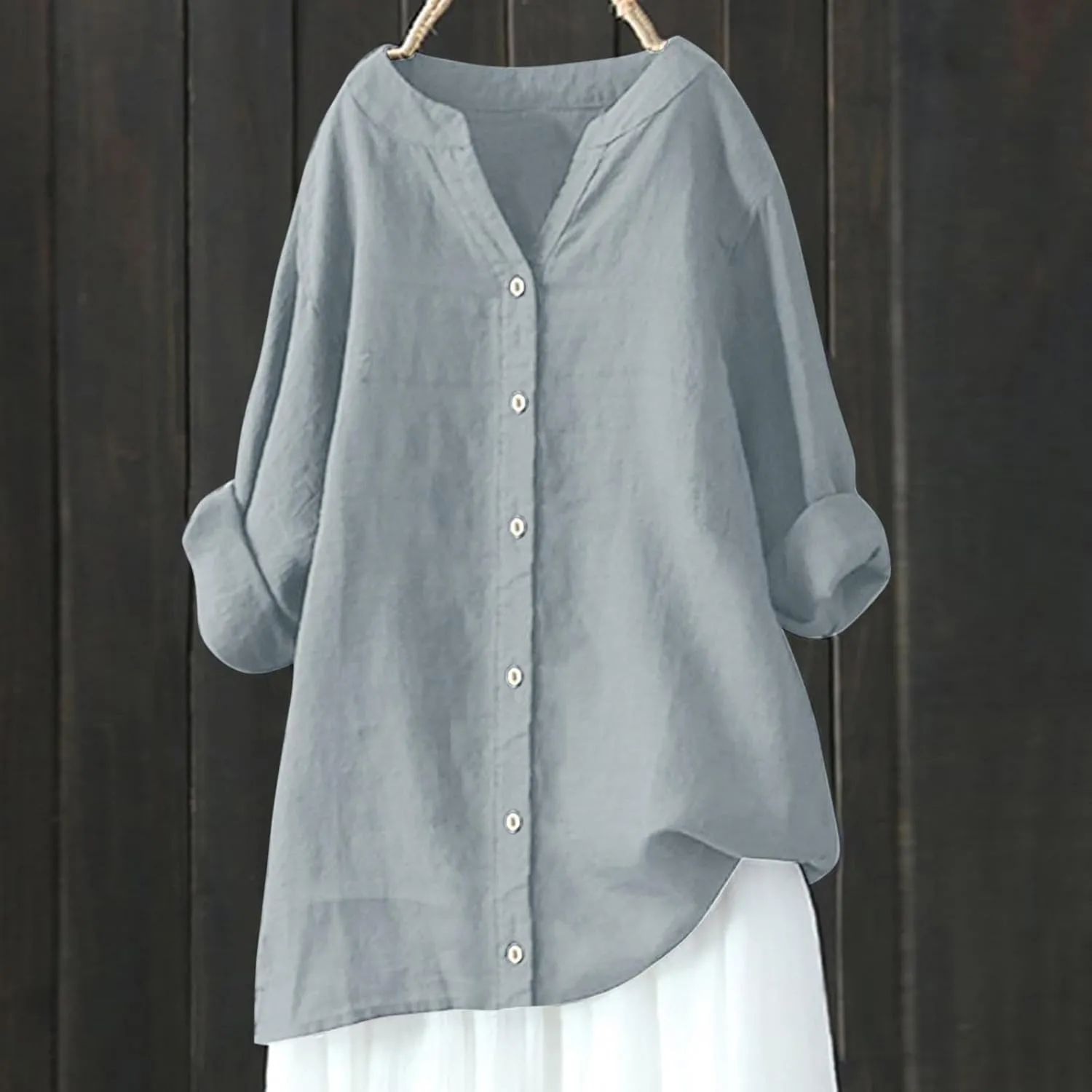 Womens Long Sleeve Linen Tops Button Down V Neck Blouse Casual Comfy Tops Solid Color Lightweight Tops Loose Fit Tops