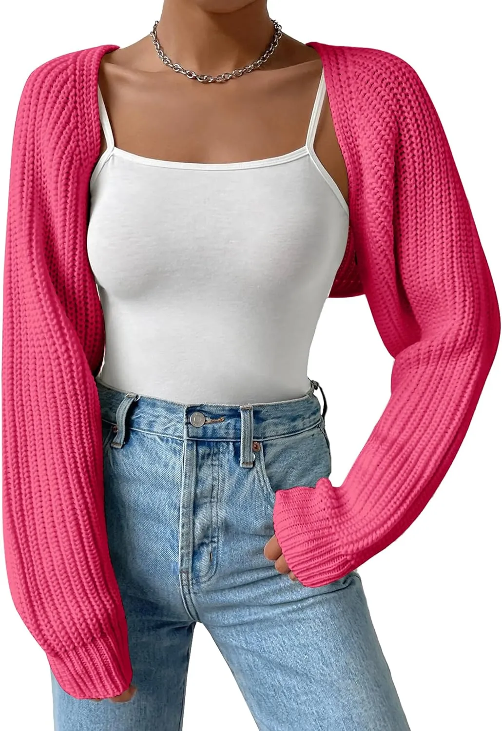 Women's Long Sleeve Open Front Knitted Crop Cardigan Drop Shoulder Knit Bolero Shrug Sweater