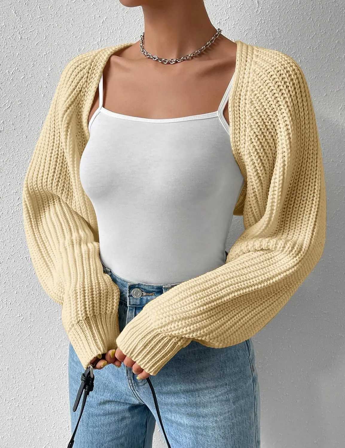 Women's Long Sleeve Open Front Knitted Crop Cardigan Drop Shoulder Knit Bolero Shrug Sweater