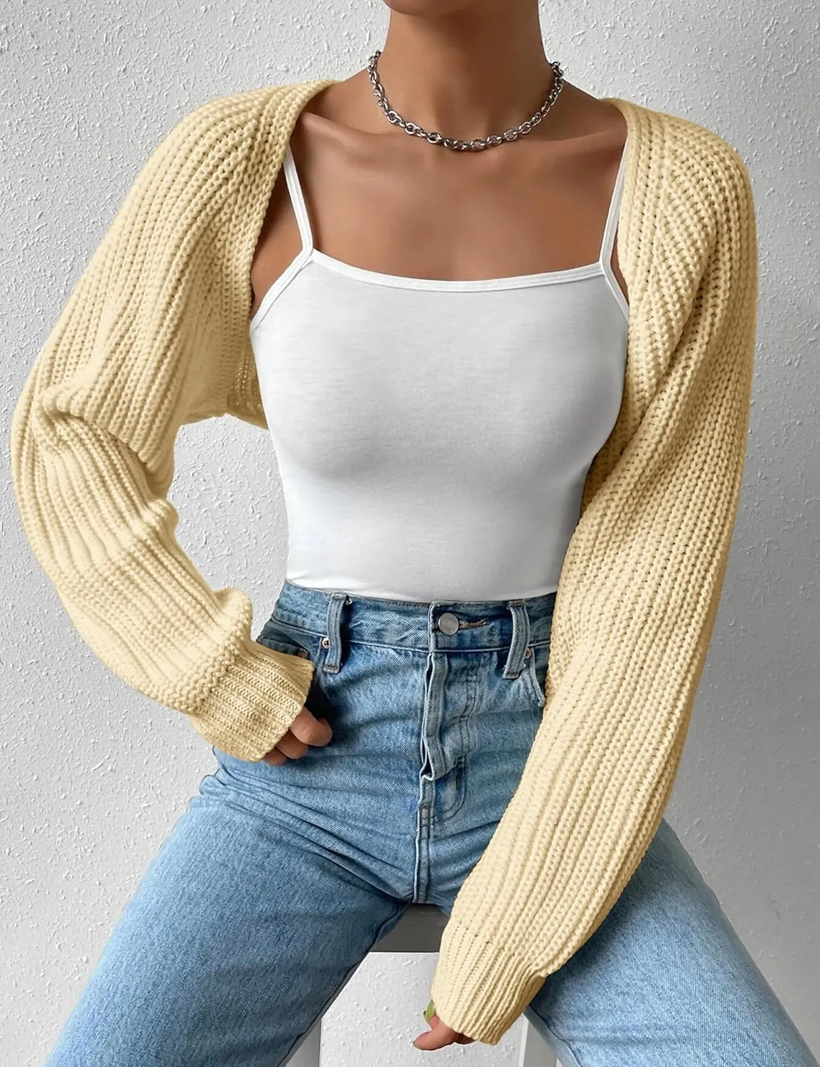 Women's Long Sleeve Open Front Knitted Crop Cardigan Drop Shoulder Knit Bolero Shrug Sweater