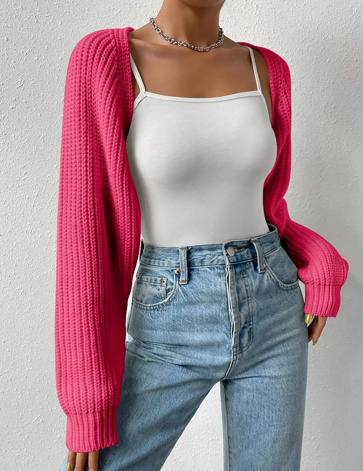 Women's Long Sleeve Open Front Knitted Crop Cardigan Drop Shoulder Knit Bolero Shrug Sweater