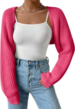 Women's Long Sleeve Open Front Knitted Crop Cardigan Drop Shoulder Knit Bolero Shrug Sweater