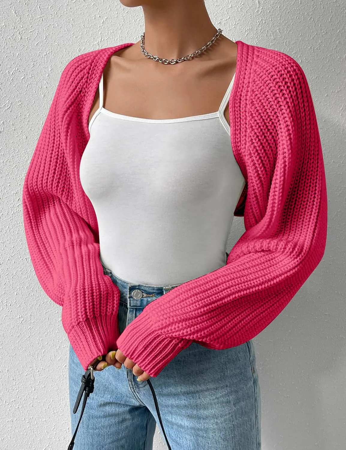 Women's Long Sleeve Open Front Knitted Crop Cardigan Drop Shoulder Knit Bolero Shrug Sweater