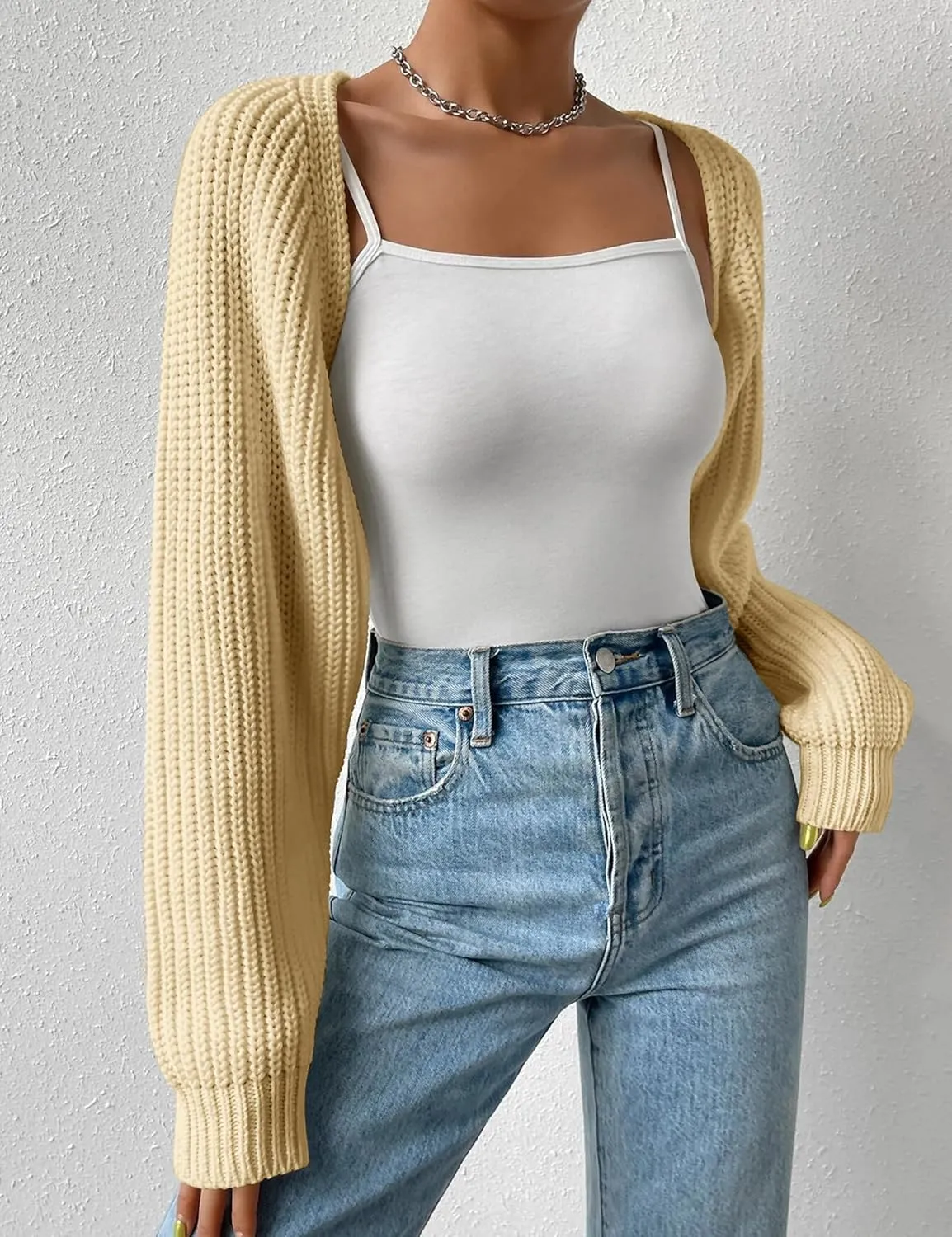 Women's Long Sleeve Open Front Knitted Crop Cardigan Drop Shoulder Knit Bolero Shrug Sweater