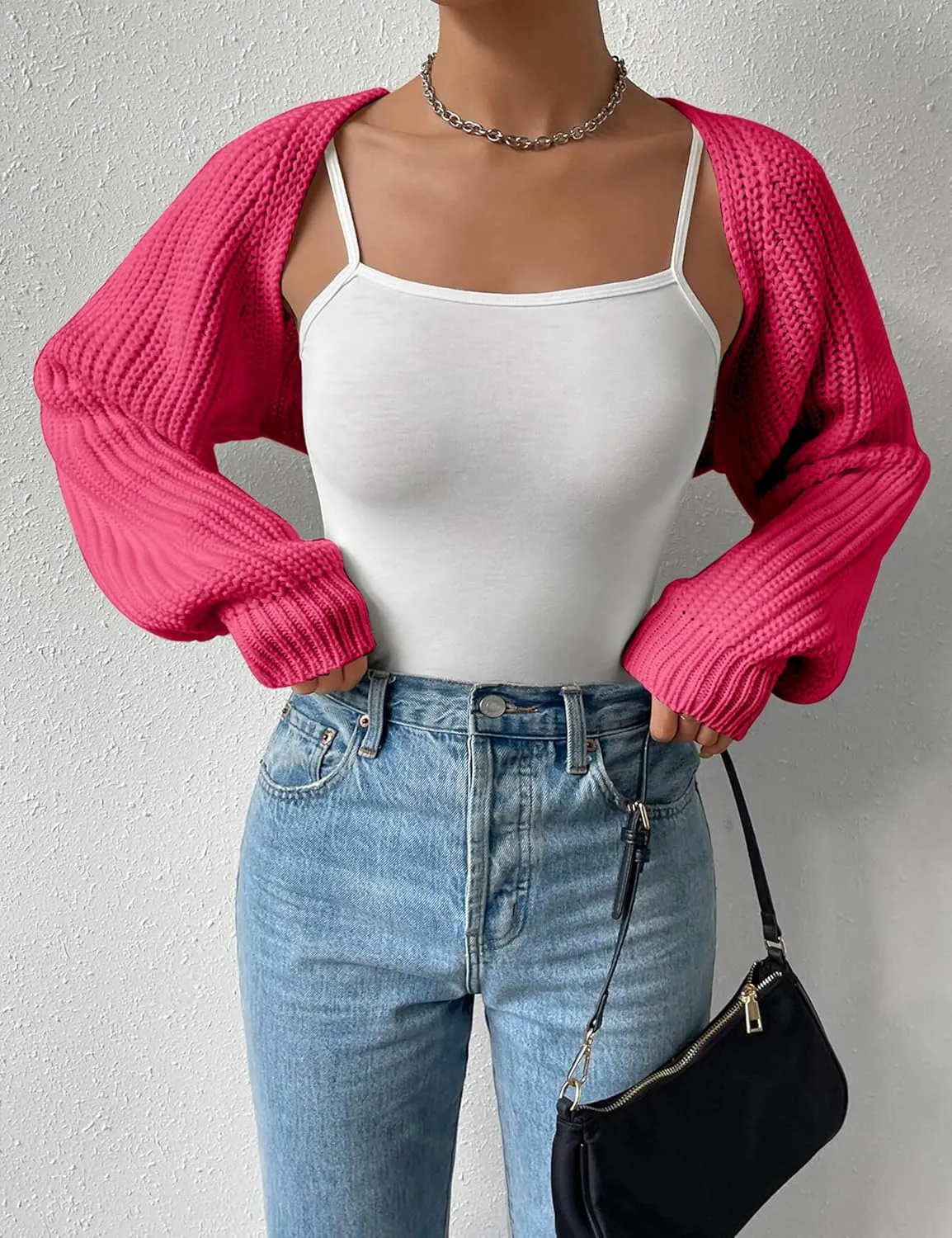 Women's Long Sleeve Open Front Knitted Crop Cardigan Drop Shoulder Knit Bolero Shrug Sweater