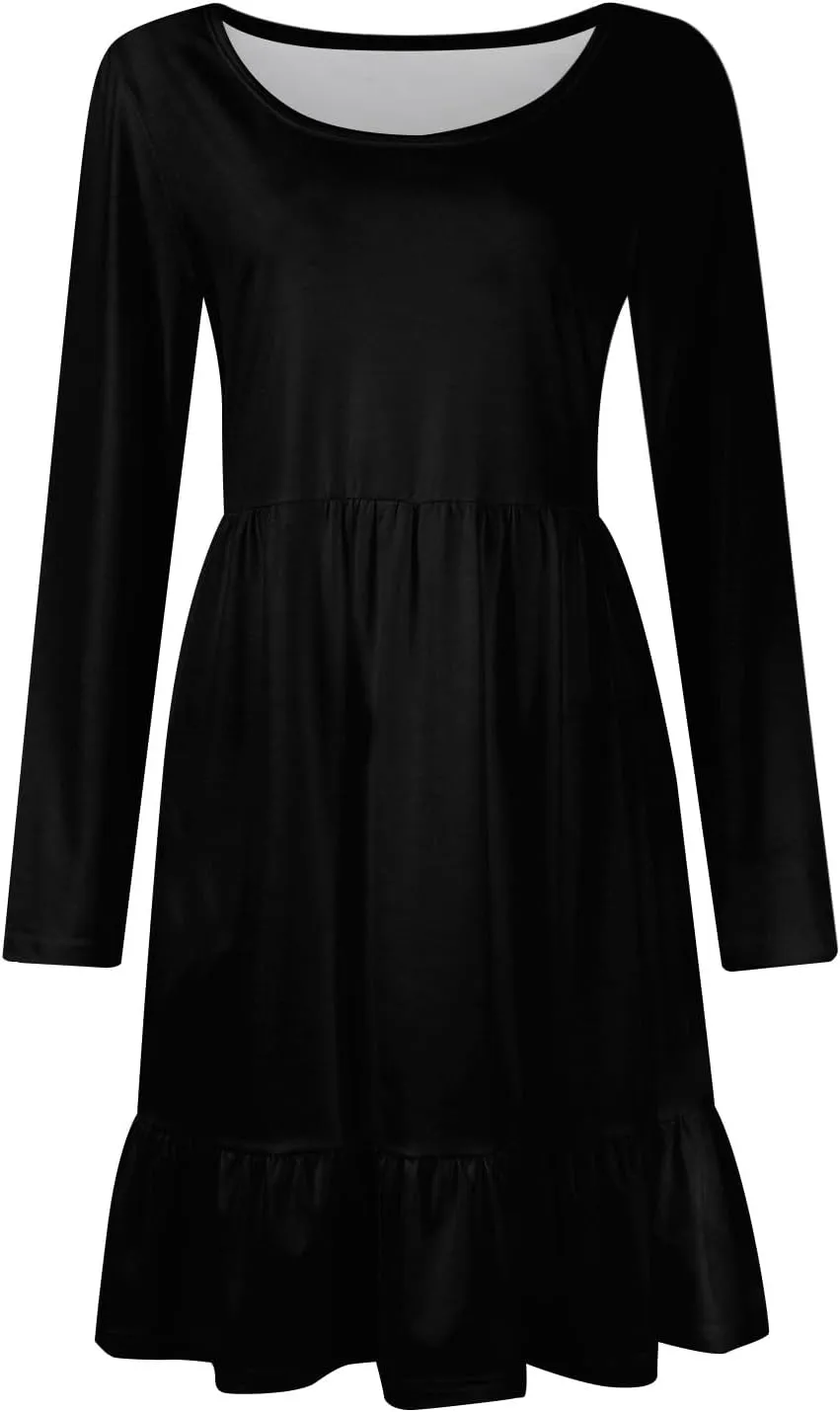 Womens Midi Dresses Trendy Long Sleeve A Line Dress Casual Plus Size Flowy Formal Elegant Floral Knee Length Dress