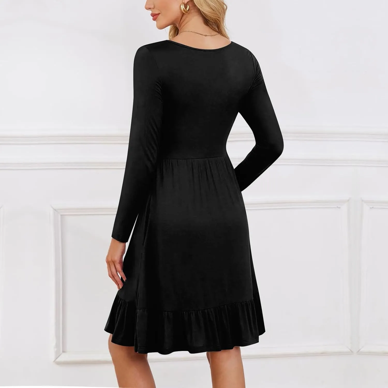 Womens Midi Dresses Trendy Long Sleeve A Line Dress Casual Plus Size Flowy Formal Elegant Floral Knee Length Dress