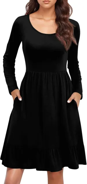 Womens Midi Dresses Trendy Long Sleeve A Line Dress Casual Plus Size Flowy Formal Elegant Floral Knee Length Dress