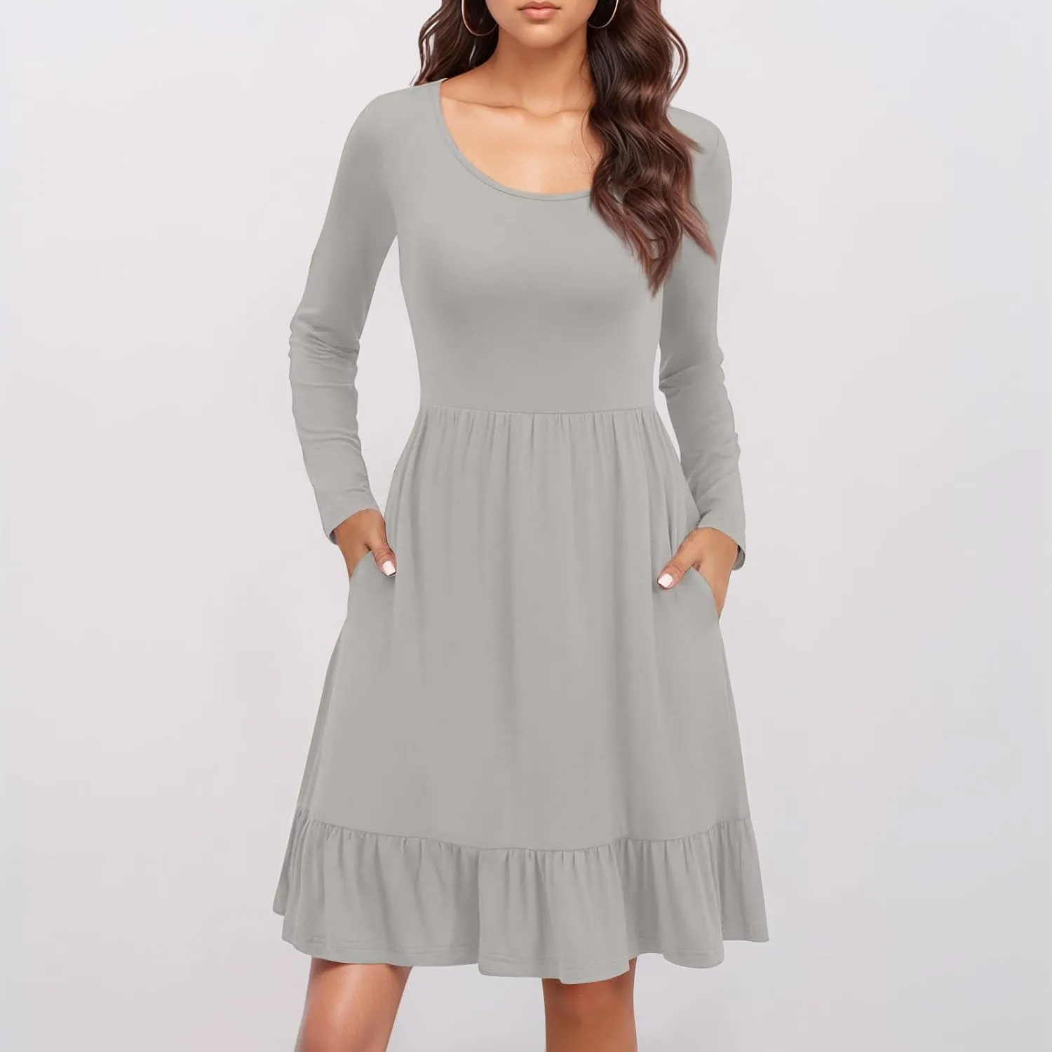 Womens Midi Dresses Trendy Long Sleeve A Line Dress Casual Plus Size Flowy Formal Elegant Floral Knee Length Dress