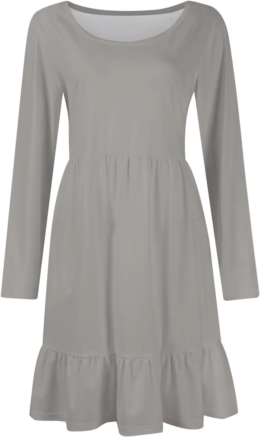 Womens Midi Dresses Trendy Long Sleeve A Line Dress Casual Plus Size Flowy Formal Elegant Floral Knee Length Dress