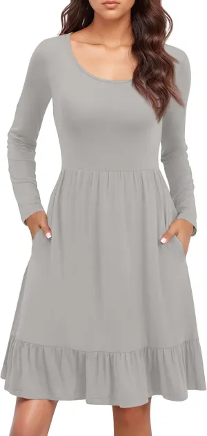 Womens Midi Dresses Trendy Long Sleeve A Line Dress Casual Plus Size Flowy Formal Elegant Floral Knee Length Dress