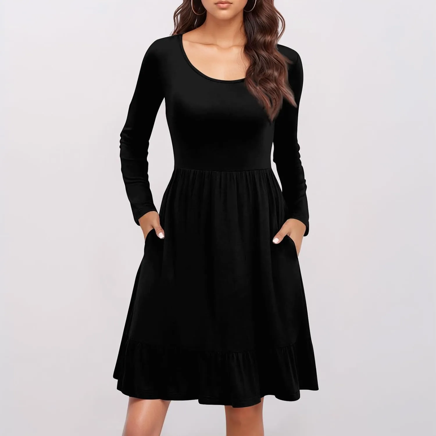 Womens Midi Dresses Trendy Long Sleeve A Line Dress Casual Plus Size Flowy Formal Elegant Floral Knee Length Dress